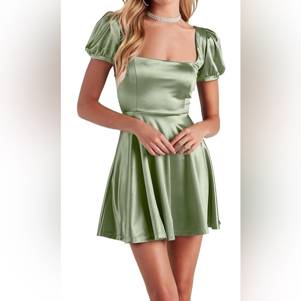 New Satin Square Neck  Short Prom Dress with Sleeves A Line Cocktail Party Gowns